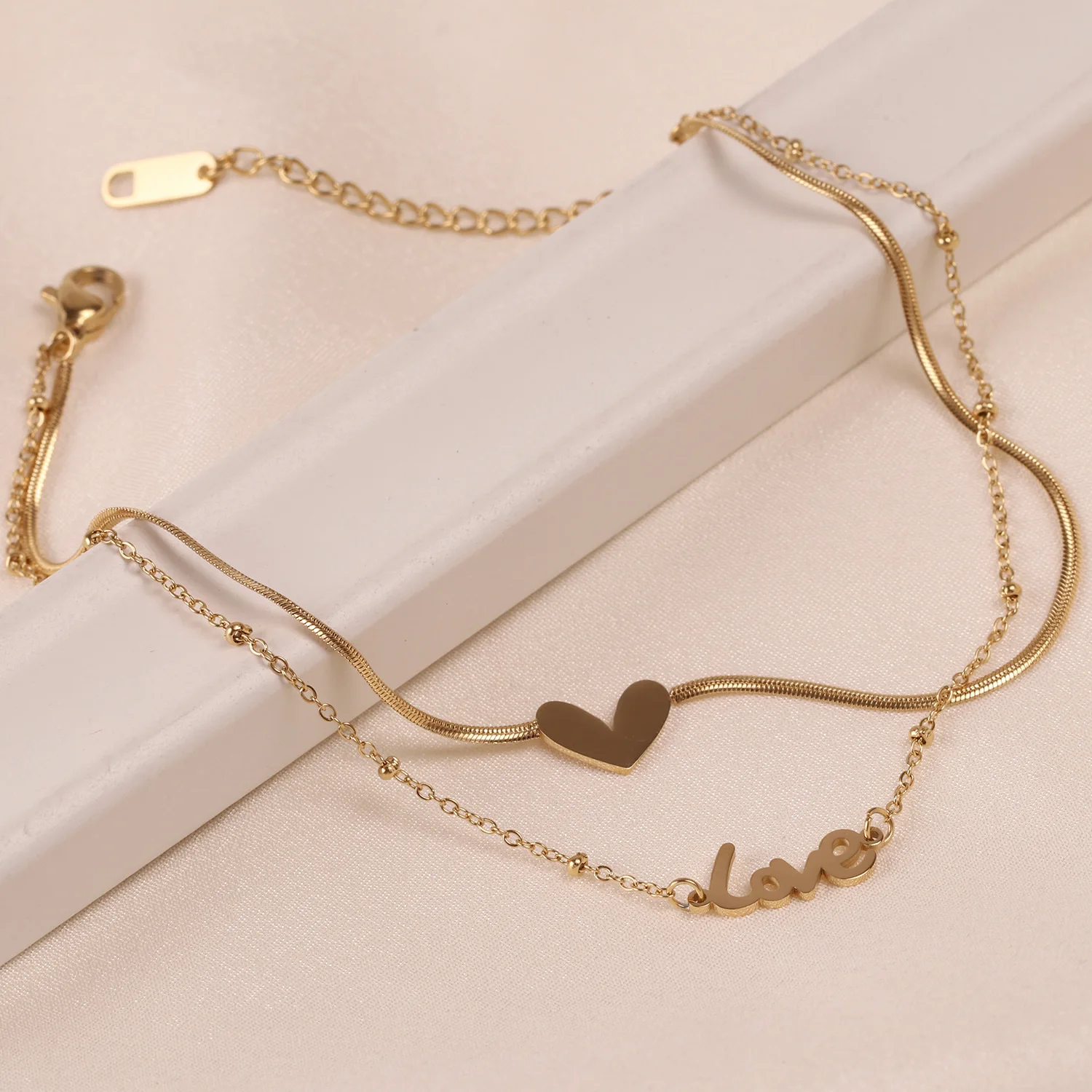 Double Layered Feet Tarnish Free Jewelry Summer Beach Anklet Heart Drop Love Letter Stainless Steel Anklet