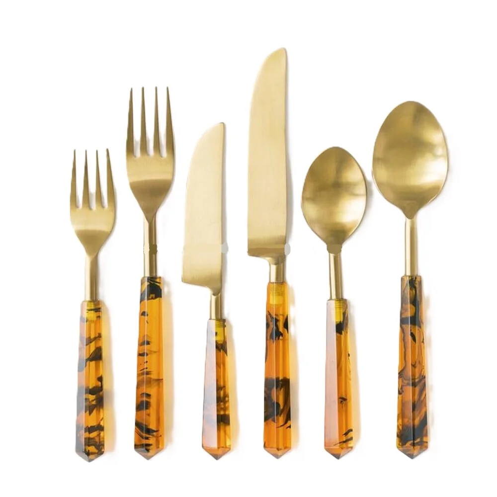 Golden Cutlery Set with Wooden Handle Grip Spoons Forks Set Round Slaty Wood By United Handicrafts