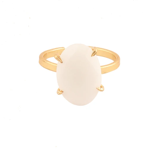 Woman fashion jewelry faceted oval white agate gold plated adjustable ring gemstone prong setting statement ring jewelry for her