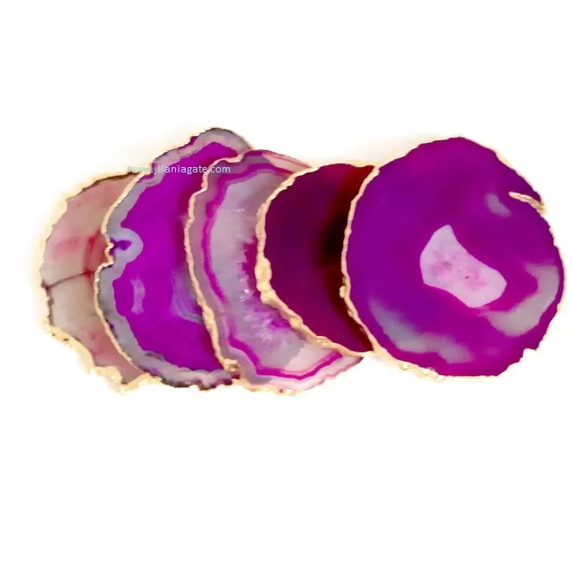 Wholesale Pink Agate Quartz Semi-Precious Stone Cup Holder & Table Decoration Gold Plating Hot Sale Gemstone Slice Coaster