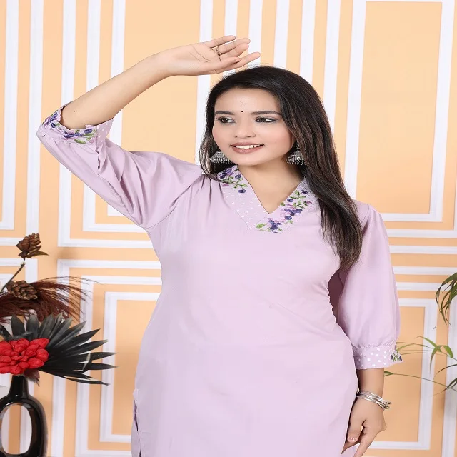 High quality lady tailor lavender machine embroidery polyester co-ord set party wear dress