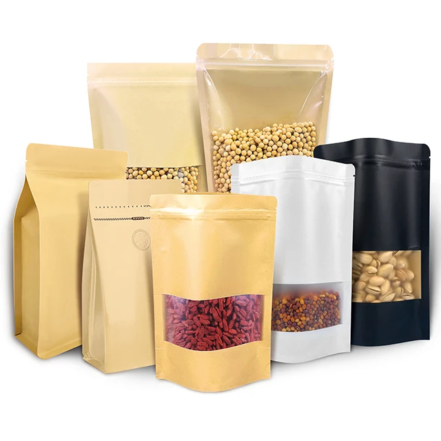 Hot Sales Brown White Kraft Paper Stand up Pouches Resealable Bags Ziplock Craft Packaging with Window