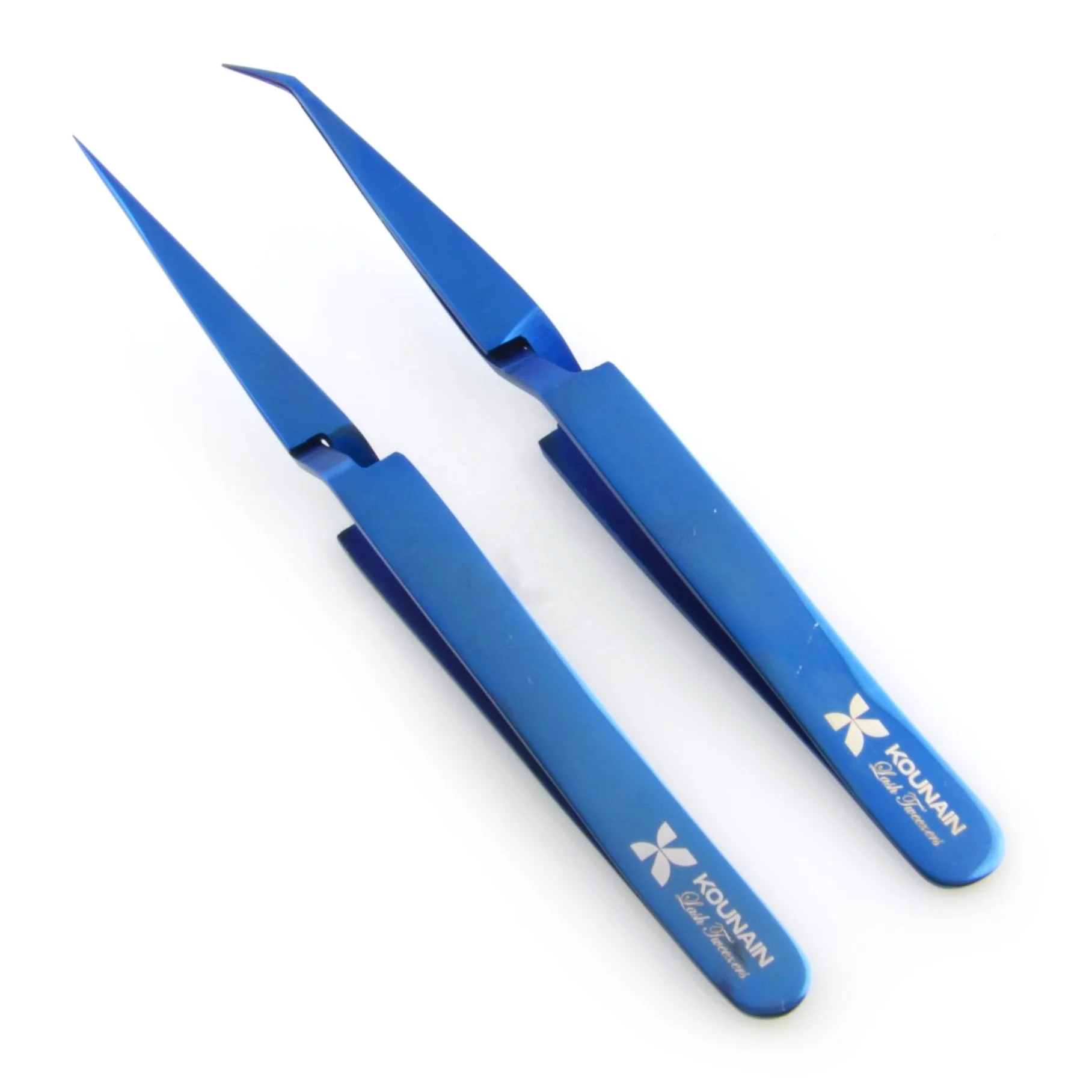 Kounain Professional 12 cm Stainless Steel Eyelash Extension Tweezers CROSS Action Straight Curved Satin Finish Fine Points