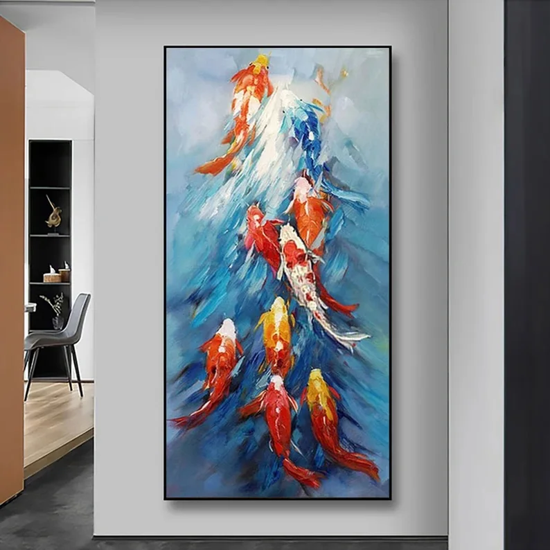 Huge Size  Abstract Colorful Red Carps Canvas Oil Painting Custom Handmade Koi Fish Gift For Home Decoration