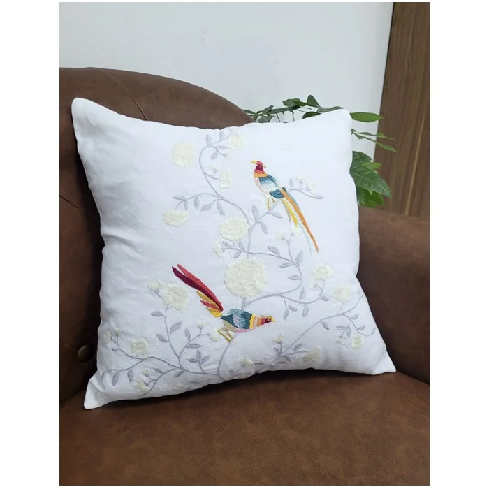 Wholesale Embroidery Lovely Couple of Bird Square Seat Cushion Cover White Cotton Embroidery Latex Throw Pillowcase Sofa Covers