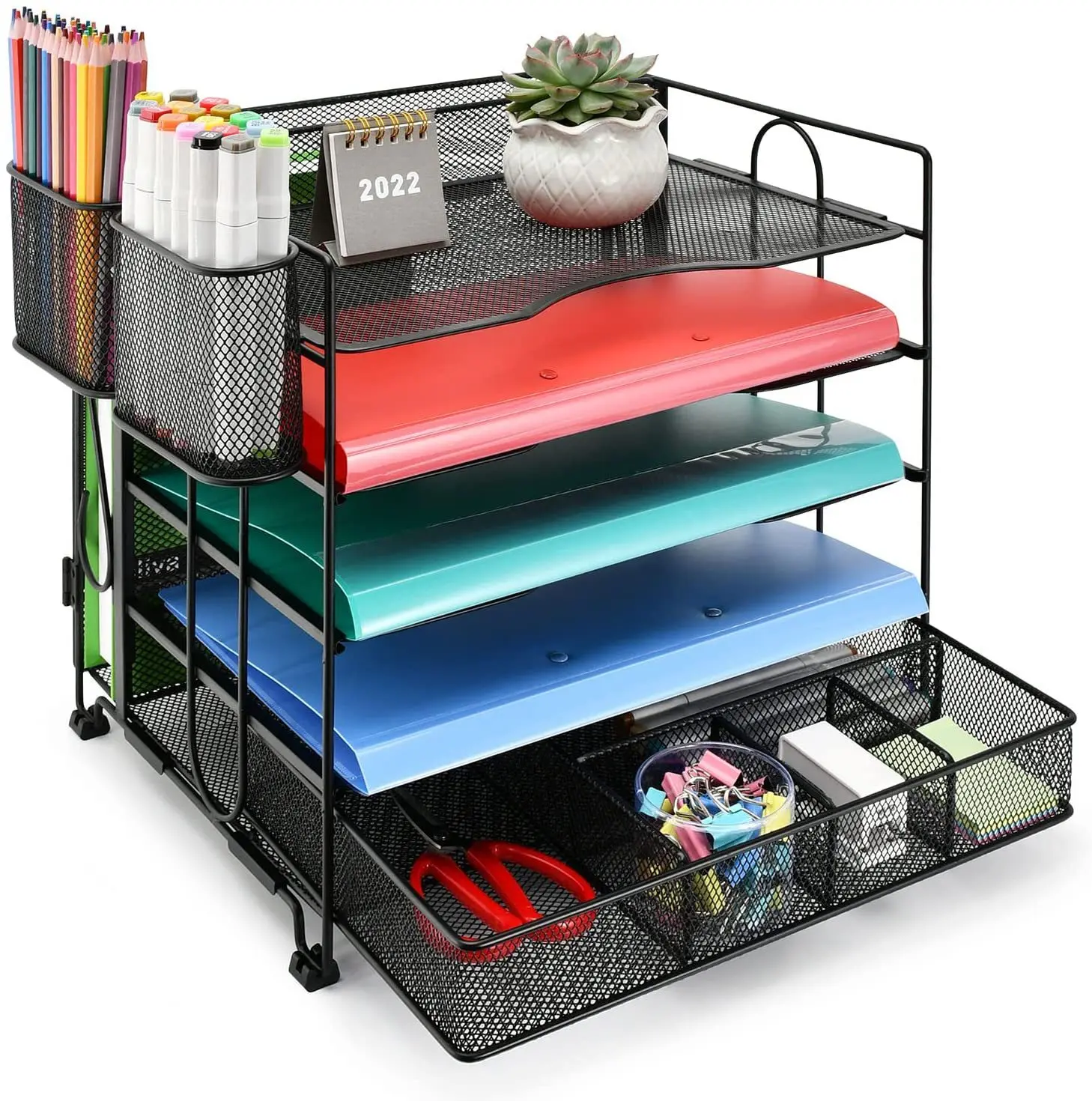 Factory customization Mesh 5 layers With drawers and two pen holders iron art file storage file tray for office