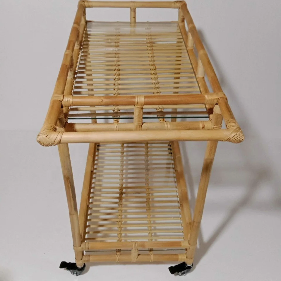 Vintage Bamboo and Rattan Bar Cart Serving Trolley  made in Viet Nam Rattan Petite Bar Cart