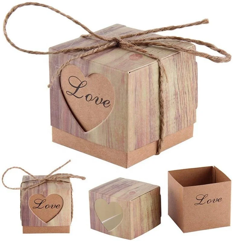 Cheap Wedding Favors Love Heart Candy Gift Box Kcraft Bonbonniere Paper Gift Boxes with Burlap for Birthday Christmas Party
