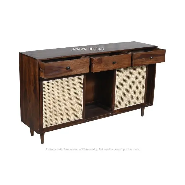 Hot Selling Natural Rattan Cabinet Large Wooden Buffet Sideboard Storage Cabinet with Metal Legs