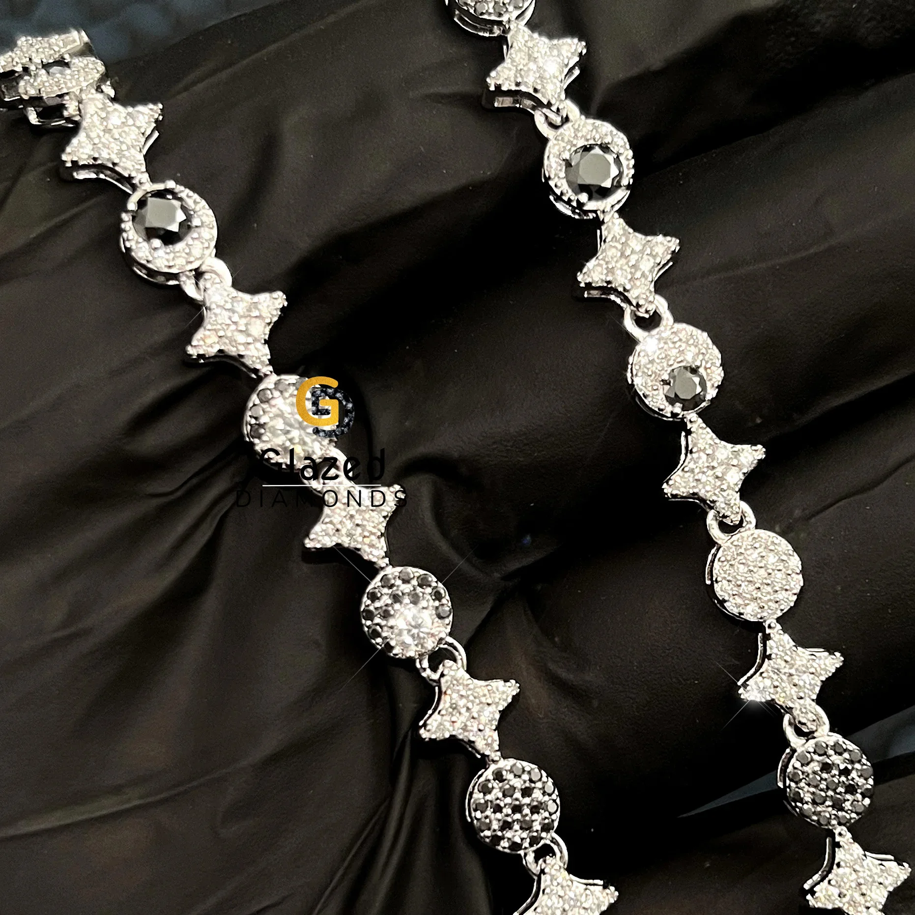 Exclusive 925 Sterling Silver Link Star Moon Party Wear Chain Crafted With Round Cut Moissanite Black And White Color Diamonds