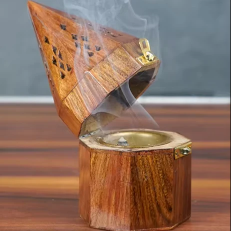 Wooden Incense Holder Includes Box and Pyramid for Incense Cones Handcrafted Natural Pyramid Shape Wooden Incense Holder