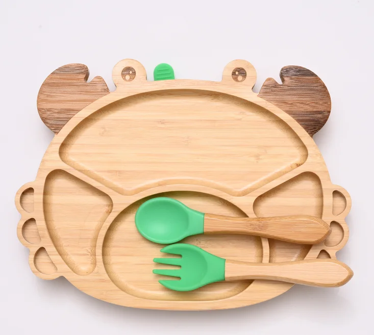 Reusable Bamboo Feeding Set 100% Eco-Friendly  Animal Shape Wooden Plate with Spoon and Fork