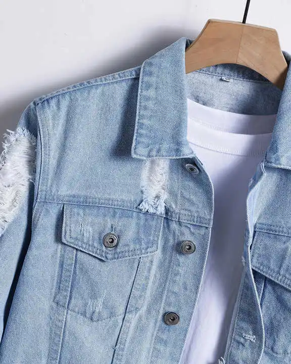 2024 Новинка оптовая продажа конкурентоспособная модная мужская джинсовая куртка Мужская рваная потертостая кислотная