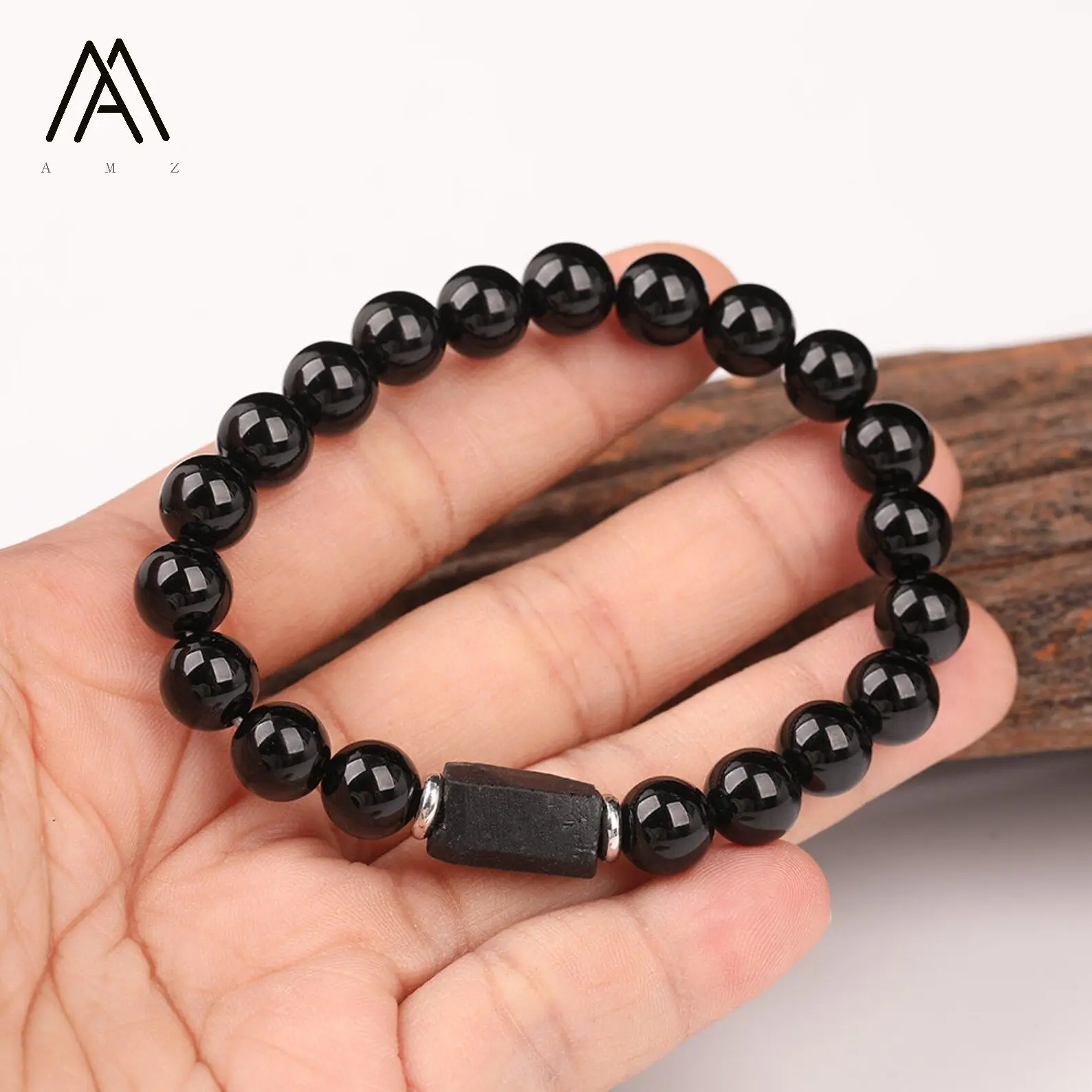Classic Black Tourmaline Cylinder Bracelets Healing Agate 8mm Round Bead for Man Gifts Fashion Bracelet
