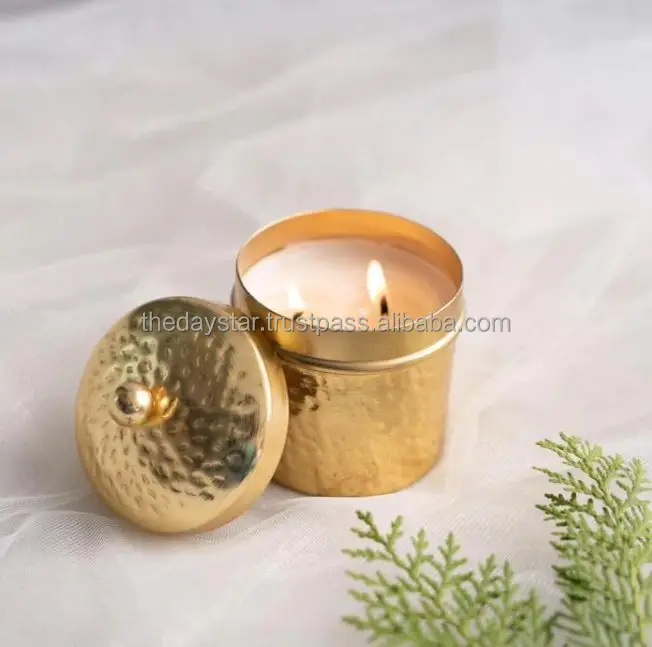 Customizable Unique Design Metal Capper Hammered Textured Decorative Wax Votive With Flower Design On Lid, Metal Jar For Wax