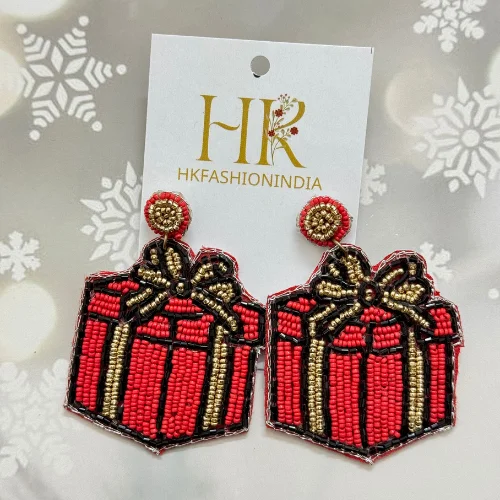 Elegant Gift Box and Festive Candle Christmas Beaded Earrings - Unique Holiday Jewelry Set with Handcrafted Details