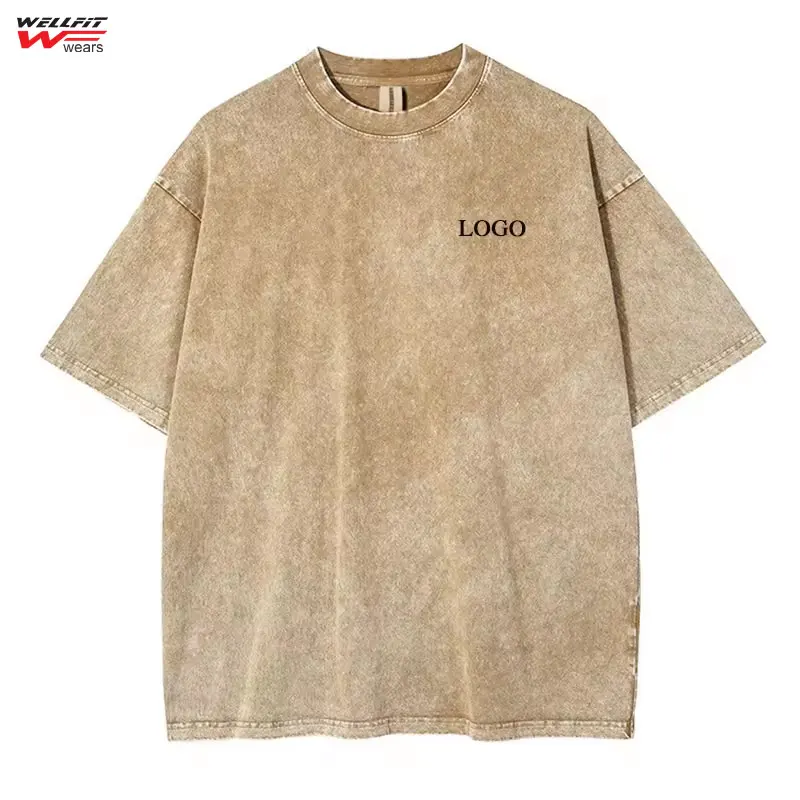 Wholesale 100 Cotton Acid Wash Oversized Tshirt 250Gsm Heavyweight T Shirt for Men Custom Blank Vintage T Shirt