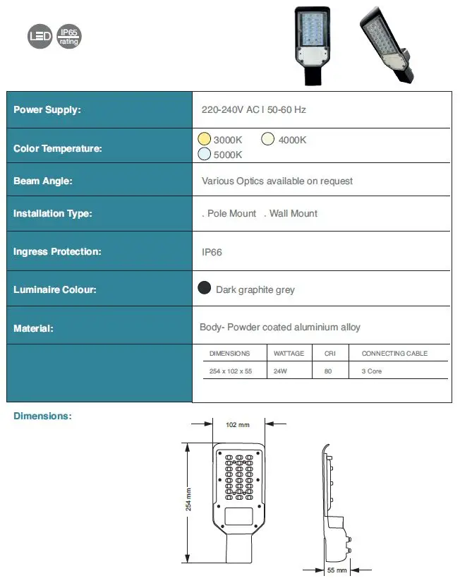 24w & 36w Made in India Powder Coated IP65 Aluminum LED street light for Highway, Garden, Road, Warehouse by Indian Supplier