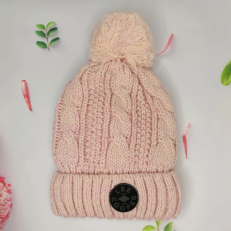 Toddler logo patch knitted Warm Infant Newborn Winter ski pom pom beanie hat for cold weather
