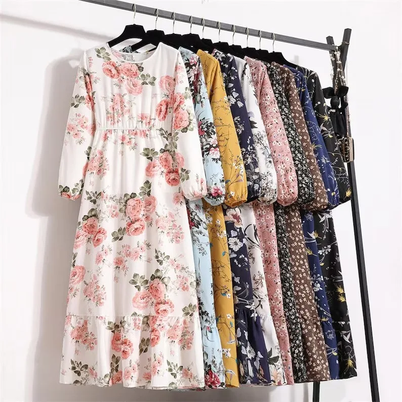 Custom Floral Printed Maxi Dresses Casual O Neck Elegant Women clothing Full Sleeve High Waist A Line Boho Beach Long Dress