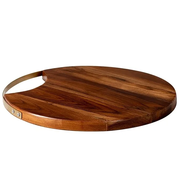 Wooden Platter Serving Plate Sizzler for Snacks Round Platters for Snacks Serving Plates Wooden Tray with Gold Iron Handle