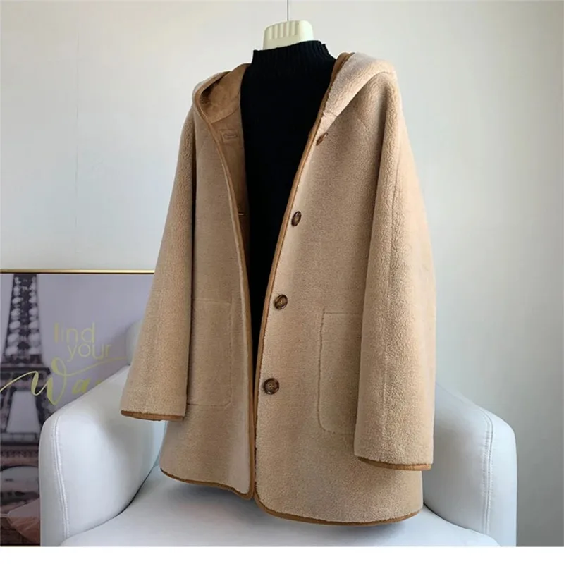 Hot Sale Women Sheep Shearling Warm Double Sided Wearing Coats Lady Lamb Wool Fur Long Jacket Winter Overcoat