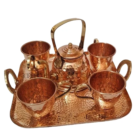 Pure Copper Tea Kettle With Two Cup Set Insulated Handle Premium Look Embossed Design Matte Finishing Drinkware Utility Items