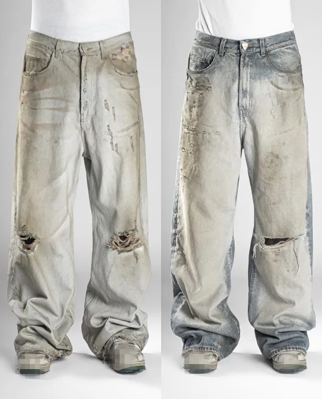 Custom menswear street wear knee-length ripped tight soft made old straight leg wash jeans