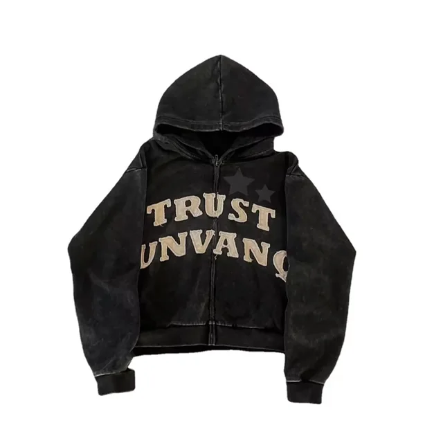 High Quality No String Cotton zip up Hoodie Chenille Custom Embroidery Men Acid Washed Drop Shoulder Hoodie