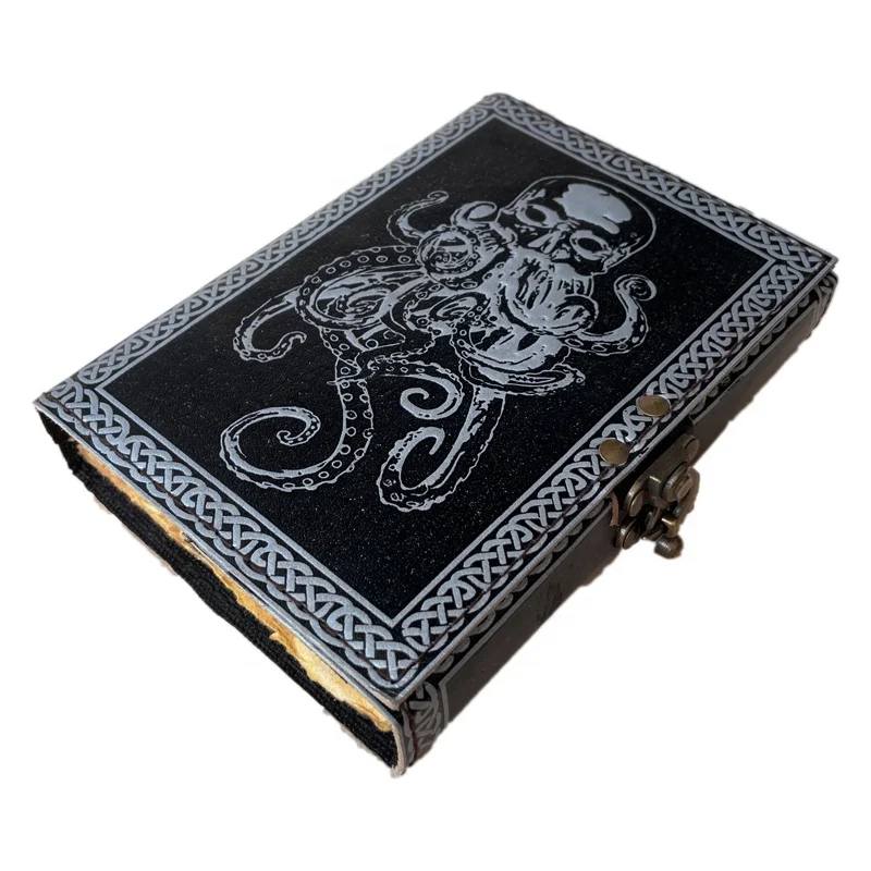 Leather Journal Antique Embossed with Lock Octopus Black Silver Guest book Handmade Paper Gift Him Day Personal organizer