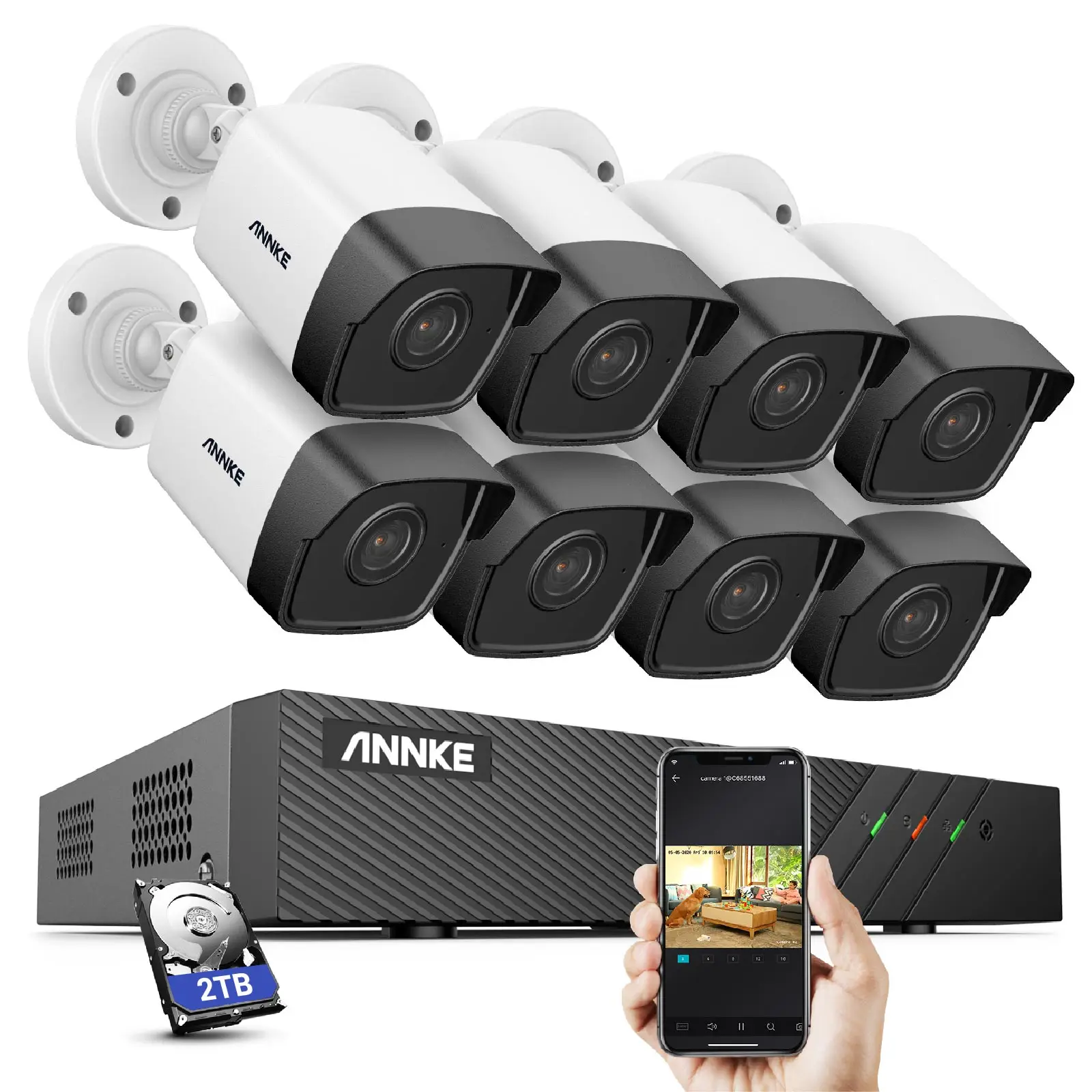 ANNKE 8CH 5MP AI PoE NVR Security Camera System 8pcs* 3K 5MP POE IP Cameras Outdoor CCTV Cameras With 1-Way Audio with 2TB HDD