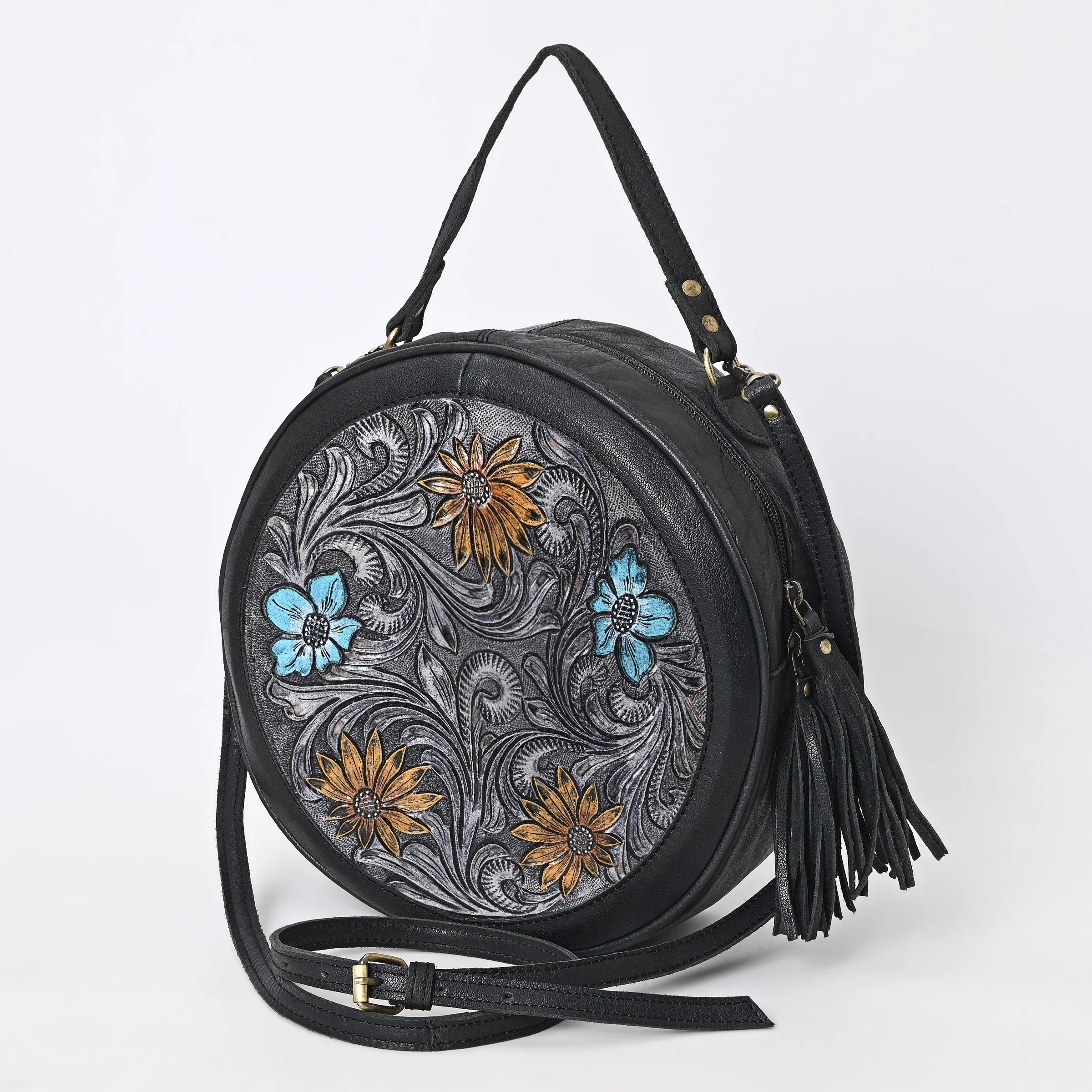 Best Quality  leather round Canteen Bags with Sunflower and Lily Painted shoulder bag genuine leather handbag for women