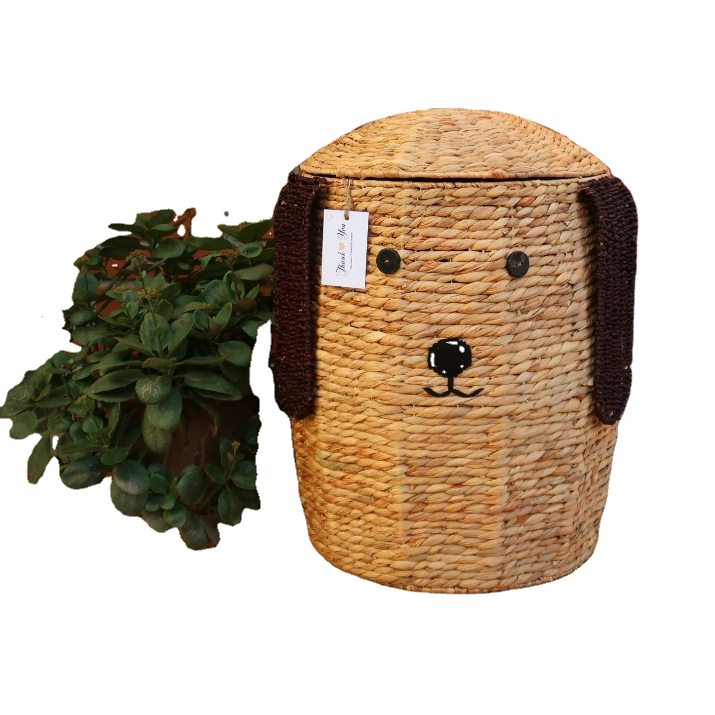 Natural water hyacinth storage basket decorated with dog face, Large capacity basket from waterhyacinth, wholesale from VietNam