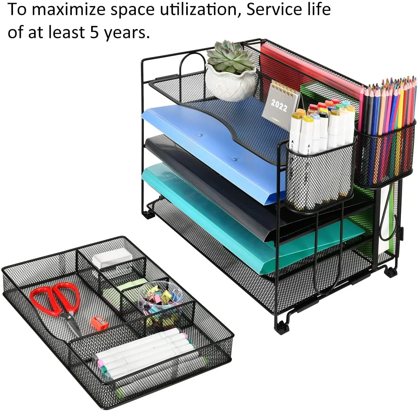 Factory customization Mesh 5 layers With drawers and two pen holders iron art file storage file tray for office