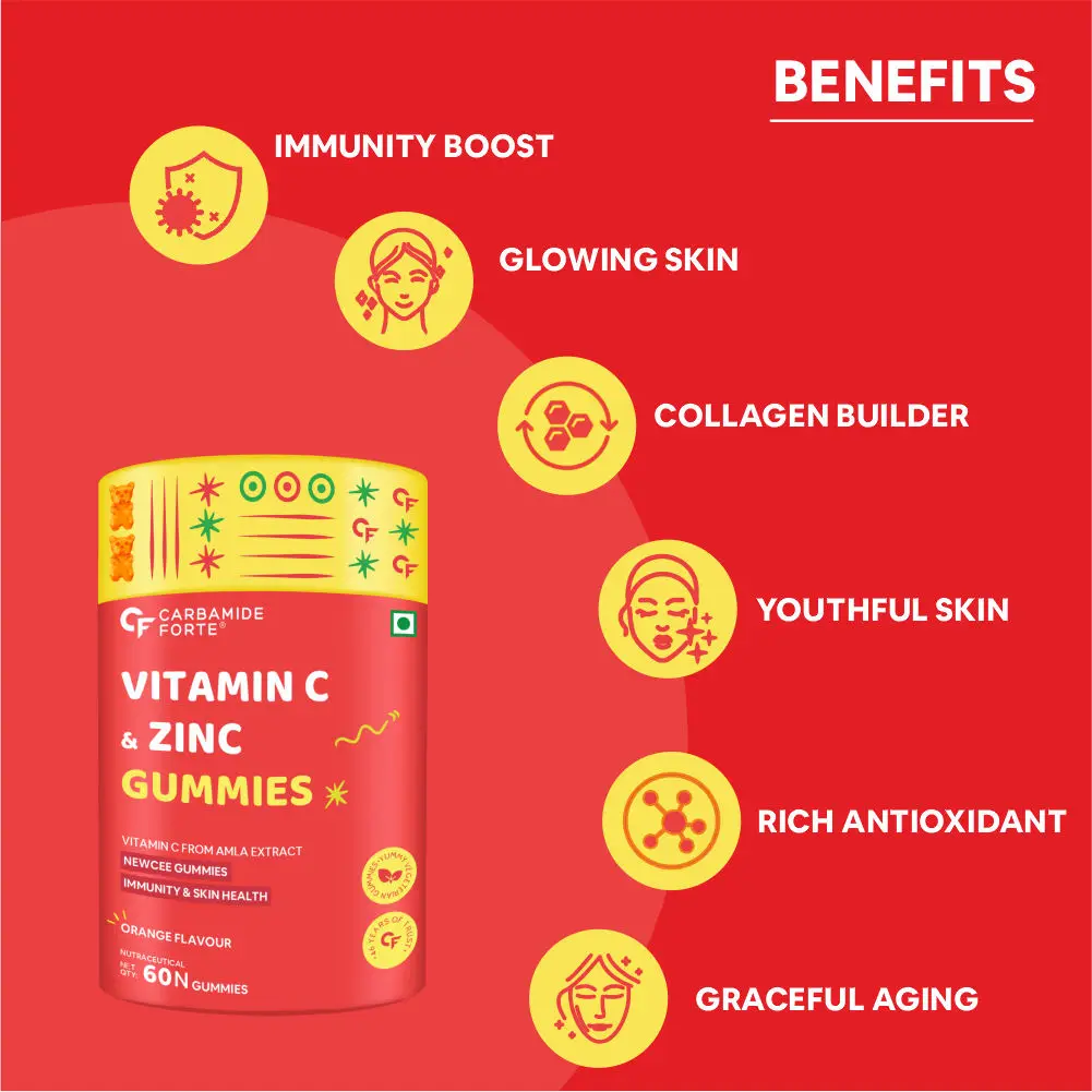 Vitamin C Gummies with Zinc for Men, Women & Kids | Natural Immunity Booster, Antioxidant, Heart, Hair, Skin & Collagen Builder