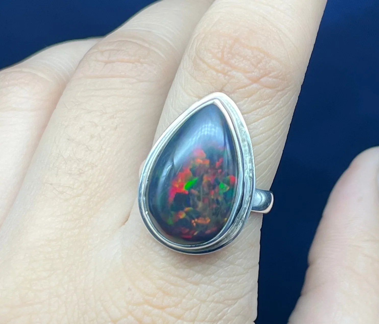 Natural Black Opal Silver Ring, Ethiopian Black Opal Gemstone Ring For Women, Tear Drop Black Opal Ring For Wedding