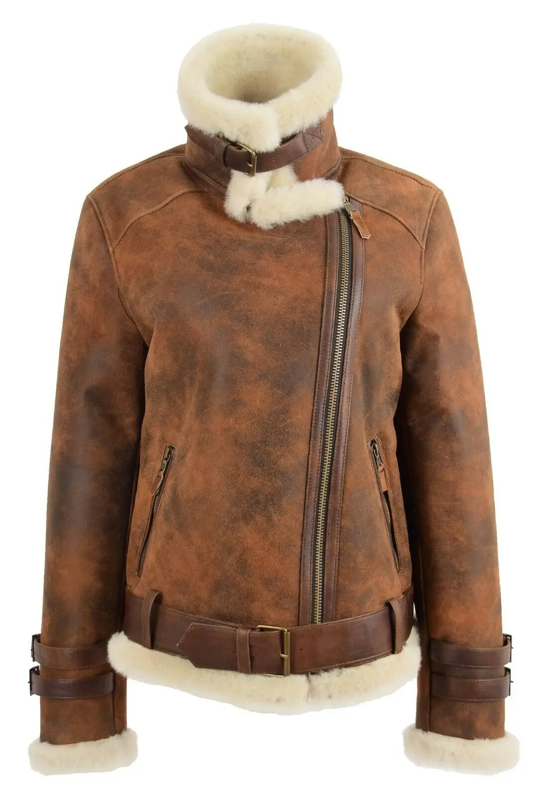 new arrival women Real Sheepskin Flying Jacket Antique Brown Genuine Shearling Aviator leather jacket Coat