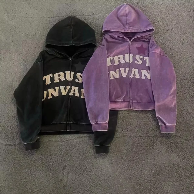 High Quality No String Cotton zip up Hoodie Chenille Custom Embroidery Men Acid Washed Drop Shoulder Hoodie