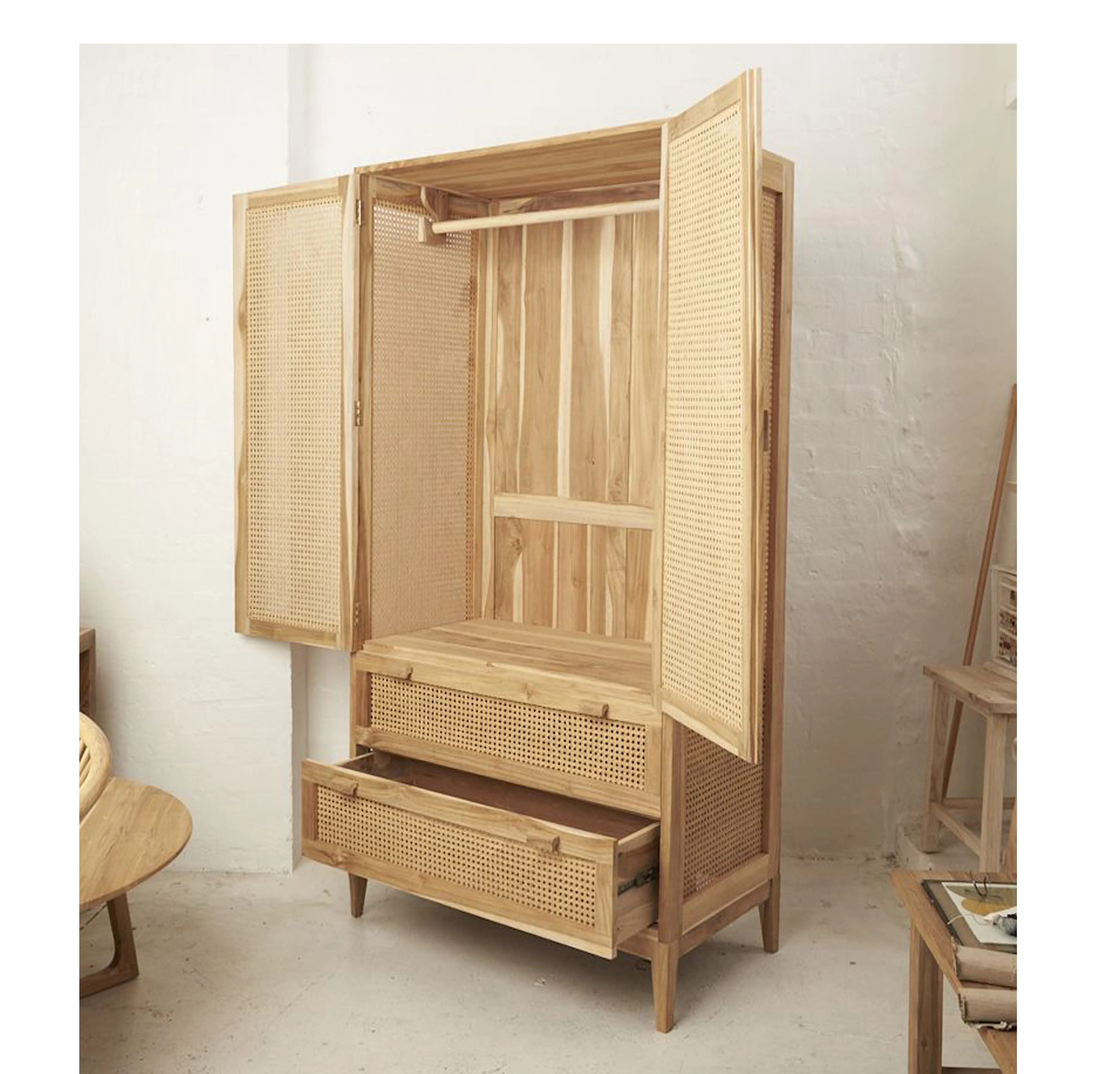 2022 Latest Modern Design 100% Pure Mango Wood Wardrobe Brown Color with Wooden Leg