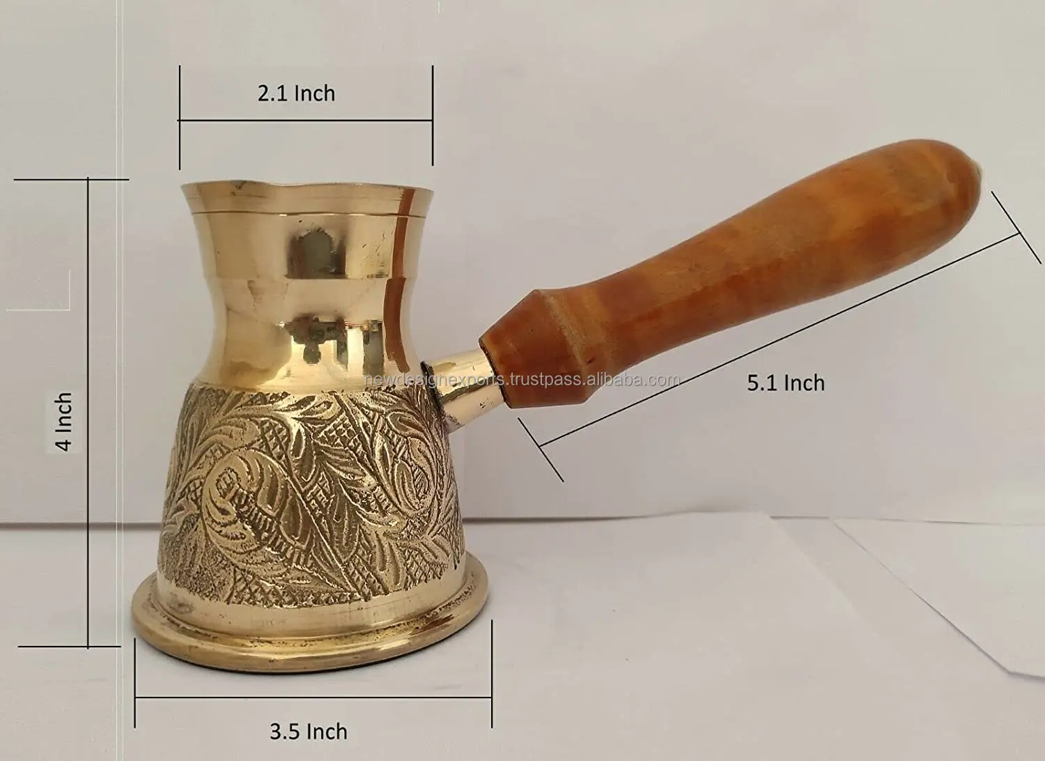 Golden Turkish Greek Arabic Coffee Pot Brass Metal Coffee Maker with Wooden Handle ( Medium - 10 Oz) Leaf Branch Engraved