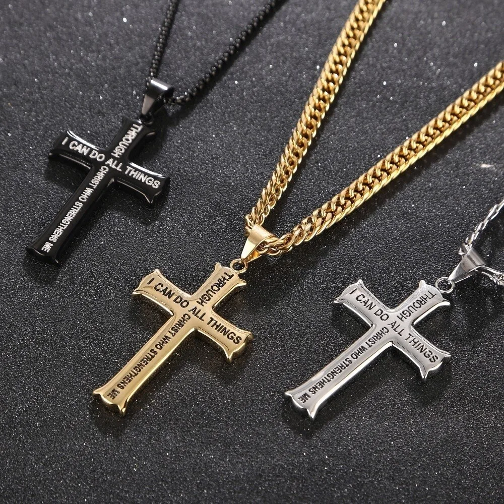 Gold Silver Black Plated Stainless Steel Cross Pendant Figaro Chain Necklace for Men