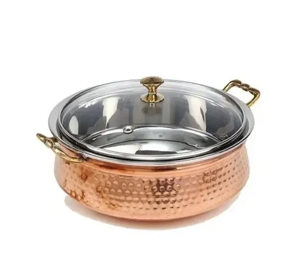 2024 Top Premium Quality Seller Indian Traditional Serveware  Hammered Copper Stainless Steel Serving Handi with Glass Lid Cover