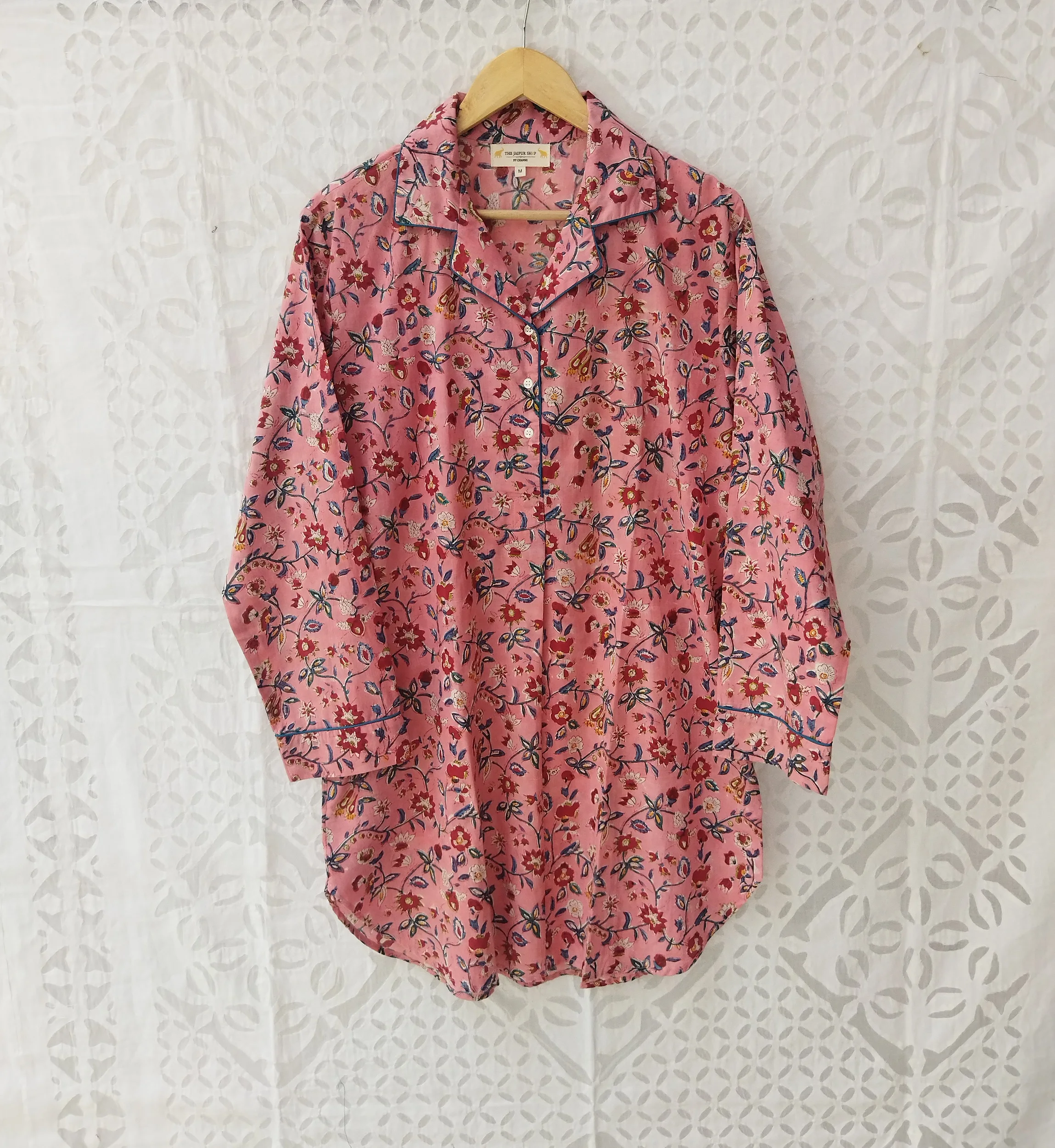 Colorful Floral Block Printed Cotton Night Sleep Wear Long Shirt Tunic For Women Clothing Beautiful Cotton Boyfriend Shirt