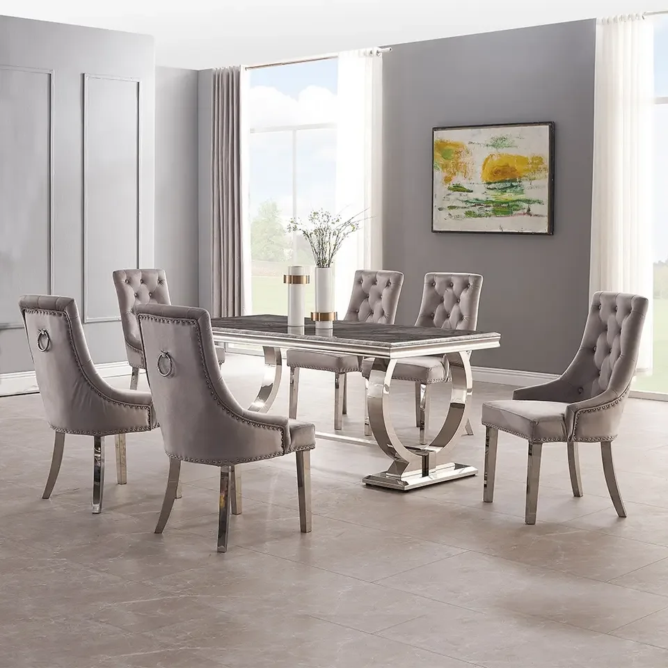 Modern luxury stainless steel furniture marble top dining room table set 6/8 seater stainless steel base marble dinning table