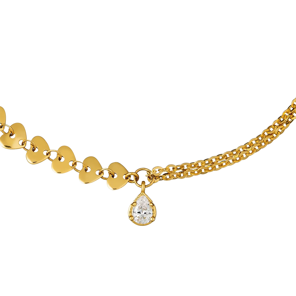 14k Gold Jewelry Wholesale Real Gold Link Chain Heart Shaped Bracelet For Girl Trendy Korea Design Water Drop StoneLLF151