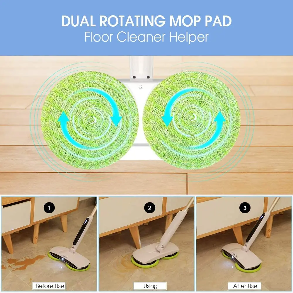 Электрическая швабра с Моторизованными двойными вращающимися насадками, дисплей аккумулятора, светодиодный прожектор, легкая, 4 подушечки из микрофибры и 2 чистящих Па