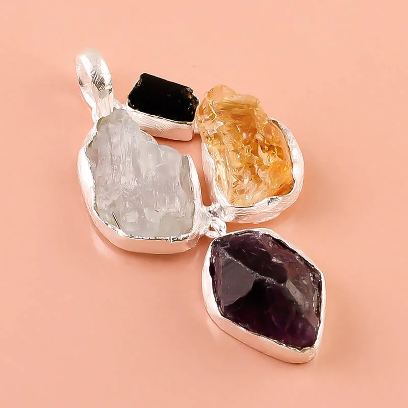 925 Sterling Silver Natural Raw Blue Kyanite , Amethyst, Garnet Gemstone Pendent, Handmade 925 Silver Gemstone Jewelry Exporter