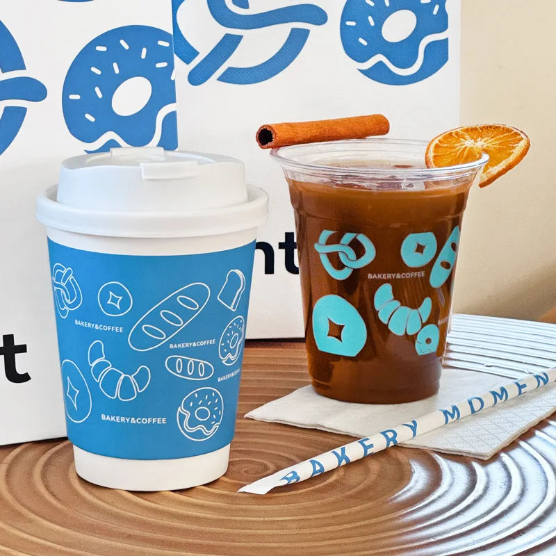 Disposable Empty Blank Blue Paper Coffee Cup Double Wall 8Oz 10Oz 12Oz Plastic Cups Cold Ice Beverage Paper Cup With Lids