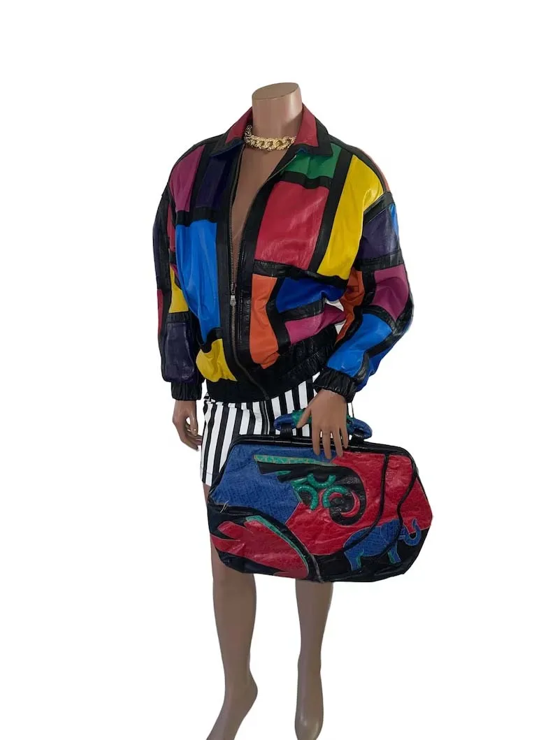 Checkered Vintage Color Block Lamb Leather Bomber Jacket Bomber Custom Colors accept