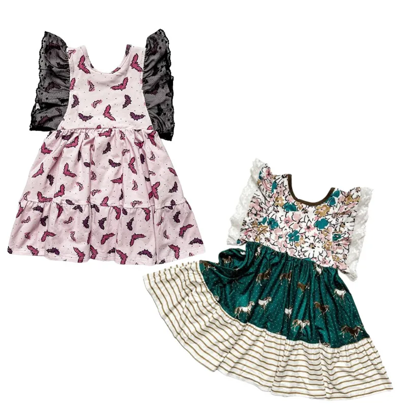 Hot  sale boutique lace short-sleeved bird print sweet girl dress